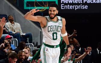 SAN FRANCISCO, CA - MARCH 16: Jayson Tatum #0 of the Boston Celtics celebrates during the game against the Golden State Warriors on MARCH 16, 2022 at Chase Center in San Francisco, California. NOTE TO USER: User expressly acknowledges and agrees that, by downloading and or using this photograph, user is consenting to the terms and conditions of Getty Images License Agreement. Mandatory Copyright Notice: Copyright 2022 NBAE (Photo by Noah Graham/NBAE via Getty Images)