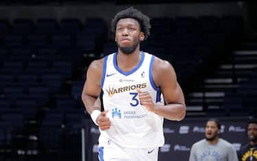 STOCKTON, CA - MARCH 10: James Wiseman #33 of the Santa Cruz Warriors looks on during the game against the Stockton Kings at Stockton Arena on March 10, 2022 in Stockton, California. NOTE TO USER: User expressly acknowledges and agrees that, by downloading and or using this photograph, User is consenting to the terms and conditions of the Getty Images Agreement. Mandatory Copyright Notice: Copyright 2022 NBAE (Photo by Rocky Widner/NBAE via Getty Images) 