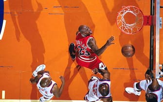 NEW YORK - MAY 12:  Michael Jordan #23 of the Chicago Bulls looks for a rebound against the New York Knicks in Game four of the Eastern Conference Semifinals during the 1996 NBA Playoffs at Madison Square Garden on May 12, 1996 in New York City, New York.  NOTE TO USER: User expressly acknowledges and agrees that, by downloading and/or using this Photograph, User is consenting to the terms and conditions of the Getty Images License Agreement.  Mandatory Copyright Notice:  Copyright 1996 NBAE  (Photo by Nathaniel S. Butler/NBAE via Getty Images)