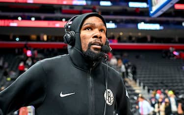 DETROIT, MICHIGAN - DECEMBER 12: Kevin Durant #7 of the Brooklyn Nets is interviewed after the win against the Detroit Pistons at Little Caesars Arena on December 12, 2021 in Detroit, Michigan. NOTE TO USER: User expressly acknowledges and agrees that, by downloading and or using this photograph, User is consenting to the terms and conditions of the Getty Images License Agreement. (Photo by Nic Antaya/Getty Images)