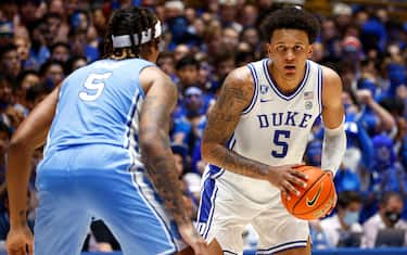 DURHAM, NORTH CAROLINA - MARCH 05: Armando Bacot #5 of the North Carolina Tar Heels guards Paolo Banchero #5 of the Duke Blue Devils during the second half at Cameron Indoor Stadium on March 05, 2022 in Durham, North Carolina. (Photo by Jared C. Tilton/Getty Images)