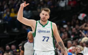 DALLAS, TX - MARCH 29: Luka Doncic #77 of the Dallas Mavericks celebrates a three point basket during the game against the Los Angeles Lakers on March 29, 2022 at the American Airlines Center in Dallas, Texas. NOTE TO USER: User expressly acknowledges and agrees that, by downloading and or using this photograph, User is consenting to the terms and conditions of the Getty Images License Agreement. Mandatory Copyright Notice: Copyright 2022 NBAE (Photo by Glenn James/NBAE via Getty Images)