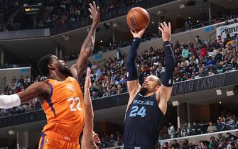 MEMPHIS, TN - APRIL 1: Dillon Brooks #24 of the Memphis Grizzlies shoots the ball during the game against the Phoenix Suns on April 1, 2022 at FedExForum in Memphis, Tennessee. NOTE TO USER: User expressly acknowledges and agrees that, by downloading and or using this photograph, User is consenting to the terms and conditions of the Getty Images License Agreement. Mandatory Copyright Notice: Copyright 2022 NBAE (Photo by Joe Murphy/NBAE via Getty Images)