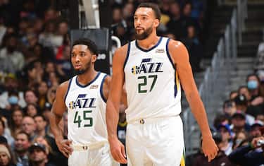 LOS ANGELES, CA - MARCH 29: Donovan Mitchell #45 and Rudy Gobert #27 of the Utah Jazz looks on during the game against the LA Clippers on March 29, 2022 at Crypto.Com Arena in Los Angeles, California. NOTE TO USER: User expressly acknowledges and agrees that, by downloading and/or using this Photograph, user is consenting to the terms and conditions of the Getty Images License Agreement. Mandatory Copyright Notice: Copyright 2022 NBAE (Photo by Adam Pantozzi/NBAE via Getty Images)