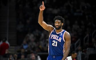 CLEVELAND, OHIO - APRIL 03: Joel Embiid #21 of the Philadelphia 76ers gestures during the first half against the Cleveland Cavaliers at Rocket Mortgage Fieldhouse on April 03, 2022 in Cleveland, Ohio. NOTE TO USER: User expressly acknowledges and agrees that, by downloading and/or using this photograph, user is consenting to the terms and conditions of the Getty Images License Agreement. (Photo by Jason Miller/Getty Images)