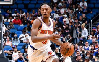 ORLANDO, FL - APRIL 3: Immanuel Quickley #5 of the New York Knicks dribbles the ball during the game against the Orlando Magic on April 3, 2022 at Amway Center in Orlando, Florida. NOTE TO USER: User expressly acknowledges and agrees that, by downloading and or using this photograph, User is consenting to the terms and conditions of the Getty Images License Agreement. Mandatory Copyright Notice: Copyright 2022 NBAE (Photo by Fernando Medina/NBAE via Getty Images)