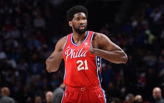 PHILADELPHIA, PA - APRIL 9: Joel Embiid #21 of the Philadelphia 76ers looks on during the game against the Indiana Pacers on April 9, 2022 at the Wells Fargo Center in Philadelphia, Pennsylvania NOTE TO USER: User expressly acknowledges and agrees that, by downloading and/or using this Photograph, user is consenting to the terms and conditions of the Getty Images License Agreement. Mandatory Copyright Notice: Copyright 2022 NBAE (Photo by David Dow/NBAE via Getty Images)