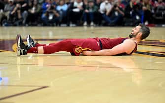 CLEVELAND, OHIO - APRIL 10: Kevin Love #0 of the Cleveland Cavaliers celebrates after being fouled during the first quarter against the Milwaukee Bucks at Rocket Mortgage Fieldhouse on April 10, 2022 in Cleveland, Ohio. NOTE TO USER: User expressly acknowledges and agrees that, by downloading and/or using this photograph, user is consenting to the terms and conditions of the Getty Images License Agreement. (Photo by Jason Miller/Getty Images)