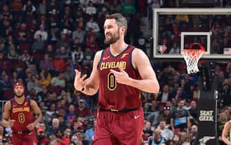 CLEVELAND, OH - APRIL 10: Kevin Love #0 of the Cleveland Cavaliers smiles after making a free throw during the game against the Milwaukee Bucks on April 10, 2022 at Rocket Mortgage FieldHouse in Cleveland, Ohio. NOTE TO USER: User expressly acknowledges and agrees that, by downloading and/or using this Photograph, user is consenting to the terms and conditions of the Getty Images License Agreement. Mandatory Copyright Notice: Copyright 2022 NBAE (Photo by David Liam Kyle/NBAE via Getty Images)