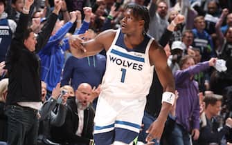 MINNEAPOLIS, MN -  APRIL 12: Anthony Edwards #1 of the Minnesota Timberwolves celebrates during the 2022 Play-In Tournament on April 12, 2022 at Target Center in Minneapolis, Minnesota. NOTE TO USER: User expressly acknowledges and agrees that, by downloading and or using this Photograph, user is consenting to the terms and conditions of the Getty Images License Agreement. Mandatory Copyright Notice: Copyright 2022 NBAE (Photo by David Sherman/NBAE via Getty Images)