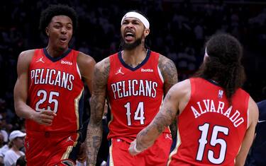LOS ANGELES, CALIFORNIA - APRIL 15: Brandon Ingram #14 Jose Alvarado #15 and Trey Murphy III #25 of the New Orleans Pelicans celebrate a 105-101 win over the LA Clippers during an NBA play-in tournament game at Crypto.com Arena on April 15, 2022 in Los Angeles, California. (Photo by Harry How/Getty Images) NOTE TO USER: User expressly acknowledges and agrees that, by downloading and/or using this Photograph, user is consenting to the terms and conditions of the Getty Images License Agreement. Mandatory Copyright Notice: Copyright 2022 NBAE