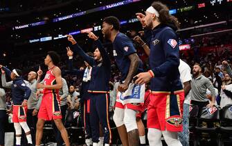 LOS ANGELES, CA - APRIL 15: The New Orleans Pelicans celebrates against the LA Clippers during the 2022 play-in tournament on April 15, 2022 at Crypto.Com Arena in Los Angeles, California. NOTE TO USER: User expressly acknowledges and agrees that, by downloading and/or using this Photograph, user is consenting to the terms and conditions of the Getty Images License Agreement. Mandatory Copyright Notice: Copyright 2022 NBAE (Photo by Adam Pantozzi/NBAE via Getty Images) 
