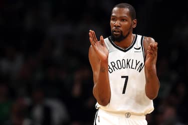 BOSTON, MASSACHUSETTS - APRIL 17: Kevin Durant #7 of the Brooklyn Nets reacts during the first quarter of Round 1 Game 1 of the 2022 NBA Eastern Conference Playoffs against the Boston Celtics at TD Garden on April 17, 2022 in Boston, Massachusetts. (Photo by Maddie Meyer/Getty Images)