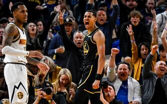SAN FRANCISCO , CA - APRIL 16: Jordan Poole (3) of the Golden State Warriors reacts to being fouled while scoring against the Denver Nuggets during the second quarter at the Chase Center on Satruday, April 16, 2022. (Photo by AAron Ontiveroz/MediaNews Group/The Denver Post via Getty Images)