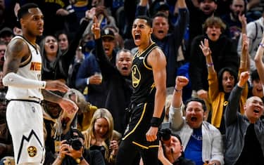SAN FRANCISCO , CA - APRIL 16: Jordan Poole (3) of the Golden State Warriors reacts to being fouled while scoring against the Denver Nuggets during the second quarter at the Chase Center on Satruday, April 16, 2022. (Photo by AAron Ontiveroz/MediaNews Group/The Denver Post via Getty Images)