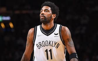 BOSTON, MA - APRIL 17: Kyrie Irving #11 of the Brooklyn Nets looks on during Round 1 Game 1 of the 2022 NBA Playoffs on April 17, 2022 at the TD Garden in Boston, Massachusetts.  NOTE TO USER: User expressly acknowledges and agrees that, by downloading and or using this photograph, User is consenting to the terms and conditions of the Getty Images License Agreement. Mandatory Copyright Notice: Copyright 2022 NBAE  (Photo by Brian Babineau/NBAE via Getty Images)