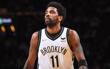 BOSTON, MA - APRIL 17: Kyrie Irving #11 of the Brooklyn Nets looks on during Round 1 Game 1 of the 2022 NBA Playoffs on April 17, 2022 at the TD Garden in Boston, Massachusetts.  NOTE TO USER: User expressly acknowledges and agrees that, by downloading and or using this photograph, User is consenting to the terms and conditions of the Getty Images License Agreement. Mandatory Copyright Notice: Copyright 2022 NBAE  (Photo by Brian Babineau/NBAE via Getty Images)