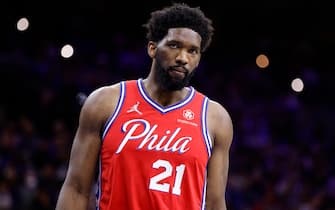 PHILADELPHIA, PENNSYLVANIA - APRIL 18: Joel Embiid #21 of the Philadelphia 76ers looks on during the fourth quarter against the Toronto Raptors during Game Two of the Eastern Conference First Round at Wells Fargo Center on April 18, 2022 in Philadelphia, Pennsylvania. NOTE TO USER: User expressly acknowledges and agrees that, by downloading and or using this photograph, User is consenting to the terms and conditions of the Getty Images License Agreement. (Photo by Tim Nwachukwu/Getty Images)