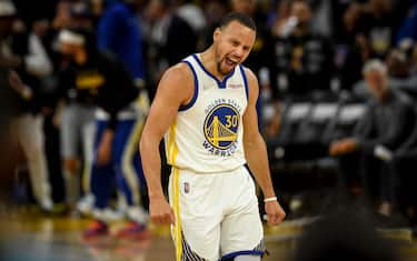 SAN FRANCISCO , CA - APRIL 18: Stephen Curry (30) of the Golden State Warriors celebrates cooking the Denver Nuggets during the third quarter at Chase Center on Monday, April 18, 2022. (Photo by AAron Ontiveroz/MediaNews Group/The Denver Post via Getty Images)