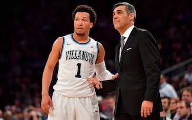 Jalen Brunson #1 speaks with Head coach Jay Wright of the Villanova Wildcats against the Seton Hall Pirates during the semifinals of the Big East Tournament at Madison Square Garden in New York, New York on Friday, March 10, 2017. Big East Basketball Tournament between Seton Hall and Villanova.