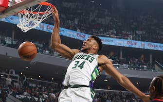 MILWAUKEE, WI - APRIL 20: Giannis Antetokounmpo #34 of the Milwaukee Bucks dunks the ball during the game against the Chicago Bulls during Round 1 Game 2 of the NBA 2022 Playoffs on April 20, 2022 at the Fiserv Forum Center in Milwaukee, Wisconsin. NOTE TO USER: User expressly acknowledges and agrees that, by downloading and or using this Photograph, user is consenting to the terms and conditions of the Getty Images License Agreement. Mandatory Copyright Notice: Copyright 2022 NBAE (Photo by Gary Dineen/NBAE via Getty Images). 