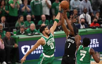 BOSTON, MASSACHUSETTS - APRIL 20: Jayson Tatum #0 of the Boston Celtics blocks a shot from Kevin Durant #7 of the Brooklyn Nets during the fourth quarter of Game Two of the Eastern Conference First Round NBA Playoffs at TD Garden on April 20, 2022 in Boston, Massachusetts. The Celtics defeat the Nets 114-107.  (Photo by Maddie Meyer/Getty Images)