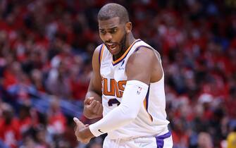 NEW ORLEANS, LOUISIANA - APRIL 22: Chris Paul #3 of the Phoenix Suns reacts during the second half of Game Three of the Western Conference First Round game against the New Orleans Pelicans at the Smoothie King Center on April 22, 2022 in New Orleans, Louisiana. NOTE TO USER: User expressly acknowledges and agrees that, by downloading and or using this Photograph, user is consenting to the terms and conditions of the Getty Images License Agreement. (Photo by Jonathan Bachman/Getty Images)