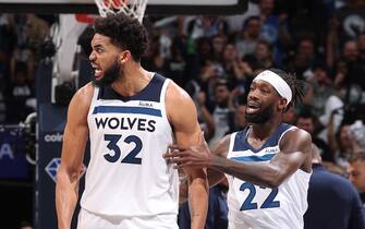 MINNEAPOLIS, MN - APRIL 23: Karl-Anthony Towns #32 and Patrick Beverley #22 of the Minnesota Timberwolves celebrate during Round 1 Game 4 of the 2022 NBA Playoffs on April 23, 2022 at Target Center in Minneapolis, Minnesota. NOTE TO USER: User expressly acknowledges and agrees that, by downloading and or using this Photograph, user is consenting to the terms and conditions of the Getty Images License Agreement. Mandatory Copyright Notice: Copyright 2022 NBAE (Photo by David Sherman/NBAE via Getty Images)