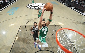 BROOKLYN, NY - APRIL 23: Jayson Tatum #0 of the Boston Celtics dunks the ball during the game against the Brooklyn Nets during Round 1 Game 3 of the 2022 NBA Playoffs on April 23, 2022 at Barclays Center in Brooklyn, New York. NOTE TO USER: User expressly acknowledges and agrees that, by downloading and or using this Photograph, user is consenting to the terms and conditions of the Getty Images License Agreement. Mandatory Copyright Notice: Copyright 2022 NBAE (Photo by Nathaniel S. Butler/NBAE via Getty Images)