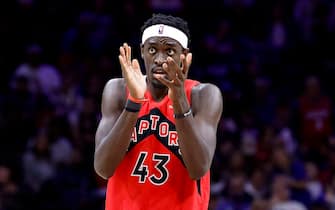 PHILADELPHIA, PENNSYLVANIA - APRIL 25: Pascal Siakam #43 of the Toronto Raptors reacts in the fourth quarter against the Philadelphia 76ers during Game Five of the Eastern Conference First Round at Wells Fargo Center on April 25, 2022 in Philadelphia, Pennsylvania. NOTE TO USER: User expressly acknowledges and agrees that, by downloading and or using this photograph, User is consenting to the terms and conditions of the Getty Images License Agreement. (Photo by Tim Nwachukwu/Getty Images)