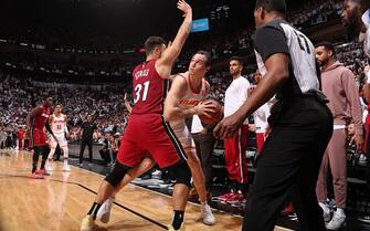 MIAMI, FL - APRIL 26: Danilo Gallinari #8 of the Atlanta Hawks looks to pass the ball during the game against the Miami Heat during Round 1 Game 5 of the 2022 NBA Playoffs on April 26, 2022 at FTX Arena in Miami, Florida. NOTE TO USER: User expressly acknowledges and agrees that, by downloading and or using this Photograph, user is consenting to the terms and conditions of the Getty Images License Agreement. Mandatory Copyright Notice: Copyright 2022 NBAE (Photo by Issac Baldizon/NBAE via Getty Images)