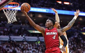 MIAMI, FLORIDA - APRIL 26: Victor Oladipo #4 of the Miami Heat goes up for a layup against the Atlanta Hawks during the second half in Game Five of the Eastern Conference First Round at FTX Arena on April 26, 2022 in Miami, Florida. NOTE TO USER: User expressly acknowledges and agrees that, by downloading and or using this photograph, User is consenting to the terms and conditions of the Getty Images License Agreement.  (Photo by Michael Reaves/Getty Images)