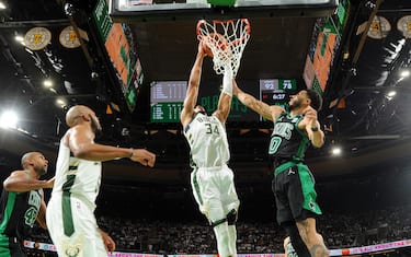 BOSTON, MA - MAY 1: Giannis Antetokounmpo #34 of the Milwaukee Bucks dunks the ball during the game Boston Celtics during Game One of the 2022 NBA Playoffs Eastern Conference Semifinals on May 1, 2022 at the TD Garden in Boston, Massachusetts.  NOTE TO USER: User expressly acknowledges and agrees that, by downloading and or using this photograph, User is consenting to the terms and conditions of the Getty Images License Agreement. Mandatory Copyright Notice: Copyright 2022 NBAE  (Photo by Brian Babineau/NBAE via Getty Images) 