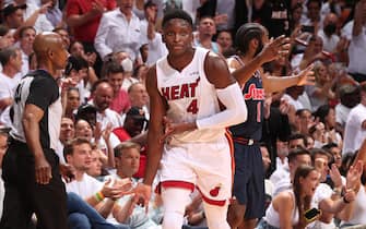 MIAMI, FL - MAY 4: Victor Oladipo #4 of the Miami Heat celebrates during Game 2 of the 2022 NBA Playoffs Eastern Conference Semifinals on May 4, 2022 at FTX Arena in Miami, Florida. NOTE TO USER: User expressly acknowledges and agrees that, by downloading and or using this Photograph, user is consenting to the terms and conditions of the Getty Images License Agreement. Mandatory Copyright Notice: Copyright 2022 NBAE (Photo by Issac Baldizon/NBAE via Getty Images)