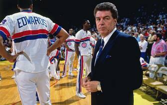 INGLEWOOD, CA - JUNE 12:  Head coach Chuck Daly of the Detroit Pistons looks on prior to Game Three of the 1989 NBA Finals against the Los Angeles Lakers played on June 12, 1988 at the Great Western Forum in Inglewood, California.  The Lakers won 99-86.  NOTE TO USER: User expressly acknowledges and agrees that, by downloading and/or using this Photograph, user is consenting to the terms and conditions of the Getty Images License Agreement. Mandatory Copyright Notice: Copyright 1988 NBAE (Photo by Andrew D. Bernstein/NBAE via Getty Images)