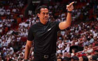 MIAMI, FL - MAY 4: Head Coach Erik Spoelstra of the Miami Heat looks on during Game 2 of the 2022 NBA Playoffs Eastern Conference Semifinals on May 4, 2022 at FTX Arena in Miami, Florida. NOTE TO USER: User expressly acknowledges and agrees that, by downloading and or using this Photograph, user is consenting to the terms and conditions of the Getty Images License Agreement. Mandatory Copyright Notice: Copyright 2022 NBAE (Photo by Issac Baldizon/NBAE via Getty Images)