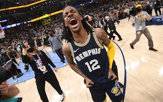 MEMPHIS, TN - MAY 3: Ja Morant #12 of the Memphis Grizzlies looks on after the game against the Golden State Warriors during Game 2 of the 2022 NBA Playoffs Western Conference Semifinals on May 3, 2022 at FedExForum in Memphis, Tennessee. NOTE TO USER: User expressly acknowledges and agrees that, by downloading and or using this photograph, user is consenting to the terms and conditions of Getty Images License Agreement. Mandatory Copyright Notice: Copyright 2022 NBAE (Photo by Noah Graham/NBAE via Getty Images)