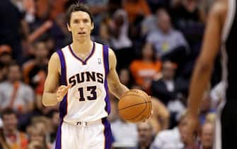 PHOENIX, AZ - APRIL 25:  Steve Nash #13 of the Phoenix Suns moves the ball upcourt during the NBA game against the San Antonio Spurs at US Airways Center on April 25, 2012 in Phoenix, Arizona.  The Spurs defeated the Suns 110-106.  NOTE TO USER: User expressly acknowledges and agrees that, by downloading and or using this photograph, User is consenting to the terms and conditions of the Getty Images License Agreement.  (Photo by Christian Petersen/Getty Images) 