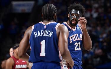 PHILADELPHIA, PA - MAY 6: Joel Embiid #21 of the Philadelphia 76ers talks with James Harden #1 of the Philadelphia 76ers during the game against the Miami Heat during Game 3 of the 2022 NBA Playoffs Eastern Conference Semifinals on May 6, 2022 at the Wells Fargo Center in Philadelphia, Pennsylvania NOTE TO USER: User expressly acknowledges and agrees that, by downloading and/or using this Photograph, user is consenting to the terms and conditions of the Getty Images License Agreement. Mandatory Copyright Notice: Copyright 2022 NBAE (Photo by David Dow/NBAE via Getty Images)