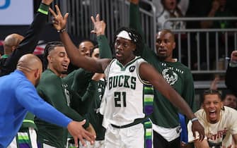 MILWAUKEE, WI - MAY 7: Jrue Holiday #21 of the Milwaukee Bucks celebrates a three point basket during Game 3 of the 2022 NBA Playoffs Eastern Conference Semifinals against the Boston Celtics on May 7, 2022 at the Fiserv Forum Center in Milwaukee, Wisconsin. NOTE TO USER: User expressly acknowledges and agrees that, by downloading and or using this Photograph, user is consenting to the terms and conditions of the Getty Images License Agreement. Mandatory Copyright Notice: Copyright 2022 NBAE (Photo by Gary Dineen/NBAE via Getty Images).