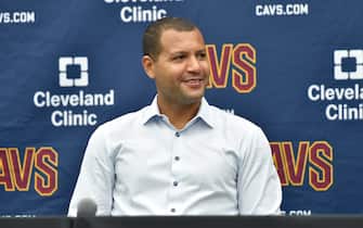CLEVELAND, OH - JULY 30: General Manager, Koby Altman of the Cleveland Cavaliers talks with the media during the press conference on July 30, 2021 at Cleveland Clinic Courts in Cleveland, Ohio. NOTE TO USER: User expressly acknowledges and agrees that, by downloading and/or using this Photograph, user is consenting to the terms and conditions of the Getty Images License Agreement. Mandatory Copyright Notice: Copyright 2021 NBAE (Photo by David Liam Kyle/NBAE via Getty Images)