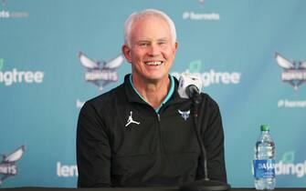 CHARLOTTE, NC - JULY 30: President of Basketball Operations and General Manager Mitch Kupchak of the Charlotte Hornets talks to the media during the press conference on July 30, 2021 at Spectrum Center in Charlotte, North Carolina.  NOTE TO USER: User expressly acknowledges and agrees that, by downloading and or using this photograph, User is consenting to the terms and conditions of the Getty Images License Agreement. Mandatory Copyright Notice: Copyright 2021NBAE  (Photo by Kent Smith/NBAE via Getty Images)