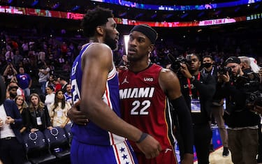PHILADELPHIA, PA, USA - MAY 12: Joel Embiid of Philadelphia 76ers and Jimmy Butler of Miami Heat hug after NBA semifinals between Philadelphia 76ers and Miami Heat at the Wells Fargo Center in Philadelphia, Pennsylvania, United States on May 12, 2022. (Photo by Tayfun Coskun/Anadolu Agency via Getty Images)