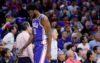 PHILADELPHIA, PENNSYLVANIA - MAY 12:  Joel Embiid #21 of the Philadelphia 76ers walks off the court against the Miami Heat in Game Six of the 2022 NBA Playoffs Eastern Conference Semifinals at Wells Fargo Center on May 12, 2022 in Philadelphia, Pennsylvania. NOTE TO USER: User expressly acknowledges and agrees that, by downloading and/or using this photograph, User is consenting to the terms and conditions of the Getty Images License Agreement. (Photo by Tim Nwachukwu/Getty Images)