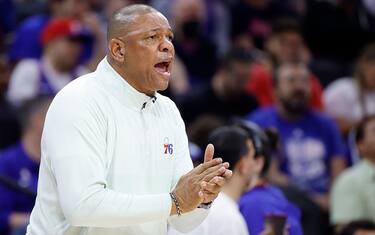 PHILADELPHIA, PENNSYLVANIA - MAY 12: Head coach Doc Rivers of the Philadelphia 76ers reacts during the second half against the Miami Heat in Game Six of the 2022 NBA Playoffs Eastern Conference Semifinals at Wells Fargo Center on May 12, 2022 in Philadelphia, Pennsylvania. NOTE TO USER: User expressly acknowledges and agrees that, by downloading and/or using this photograph, User is consenting to the terms and conditions of the Getty Images License Agreement. (Photo by Tim Nwachukwu/Getty Images)