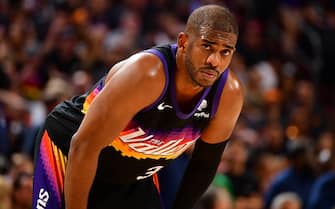 PHOENIX, AZ - MAY 15: Chris Paul #3 of the Phoenix Suns looks on during Game 7 of the 2022 NBA Playoffs Western Conference Semifinals on May 15, 2022 at Footprint Center in Phoenix, Arizona. NOTE TO USER: User expressly acknowledges and agrees that, by downloading and or using this photograph, user is consenting to the terms and conditions of the Getty Images License Agreement. Mandatory Copyright Notice: Copyright 2022 NBAE (Photo by Barry Gossage/NBAE via Getty Images)
