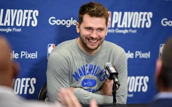 PHOENIX, AZ - MAY 15: Luka Doncic #77 of the Dallas Mavericks talks to the media after the game against the Phoenix Suns during Game 7 of the 2022 NBA Playoffs Western Conference Semifinals on May 15, 2022 at Footprint Center in Phoenix, Arizona. NOTE TO USER: User expressly acknowledges and agrees that, by downloading and or using this photograph, user is consenting to the terms and conditions of the Getty Images License Agreement. Mandatory Copyright Notice: Copyright 2022 NBAE (Photo by Andrew D. Bernstein/NBAE via Getty Images)
