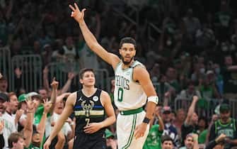 BOSTON, MA - MAY 15: Jayson Tatum #0 of the Boston Celtics reacts during Game 7 of the 2022 NBA Playoffs Eastern Conference Semifinals on May 15, 2022 at TD Garden in Boston, Massachusets. NOTE TO USER: User expressly acknowledges and agrees that, by downloading and/or using this Photograph, user is consenting to the terms and conditions of the Getty Images License Agreement. Mandatory Copyright Notice: Copyright 2022 NBAE (Photo by Jesse D. Garrabrant/NBAE via Getty Images) 