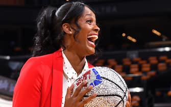 PHOENIX, AZ - APRIL 17: Swin Cash, Vice President Basketball Operations and Team Development, poses for a photograph with the 75th Anniversary ball during Round 1 Game 1 of the 2022 NBA Playoffs on April 17, 2022 at Footprint Center in Phoenix, Arizona. NOTE TO USER: User expressly acknowledges and agrees that, by downloading and or using this photograph, user is consenting to the terms and conditions of the Getty Images License Agreement. Mandatory Copyright Notice: Copyright 2022 NBAE (Photo by Barry Gossage/NBAE via Getty Images)