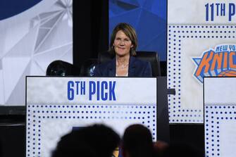 CHICAGO,IL - MAY 17: Assistant General Manager, Kelly Krauskopf smiles as the Indiana Pacers are picked 6th overall for the NBA Draft during the 2022 NBA Draft Lottery at McCormick Place on May 17, 2022 in Chicago, Illinois. NOTE TO USER: User expressly acknowledges and agrees that, by downloading and or using this photograph, User is consenting to the terms and conditions of the Getty Images License Agreement. Mandatory Copyright Notice: Copyright 2022 NBAE (Photo by Chris Schwegler/NBAE via Getty Images)